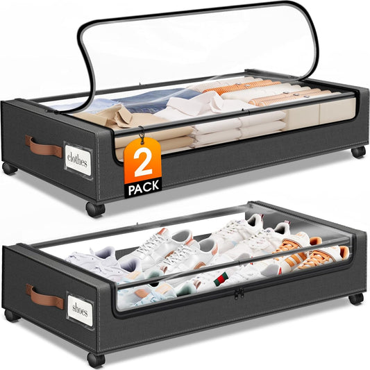 SpaceHacks Under Bed Storage Containers - 2-Pack Rolling Drawers with Clear Windows & Labels | Dark Grey (30.71 x 16.93 x 6.69 in)