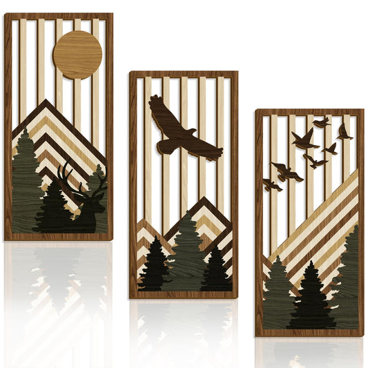 3 Pcs Wooden Boho Mountain Wall Art Mid Century Modern Wall Decor Nature Geometric Line Artwork for Living Room Rustic Home Indoor Decoration MCM Landscape Hanging Plaque for Bedroom Office Accents