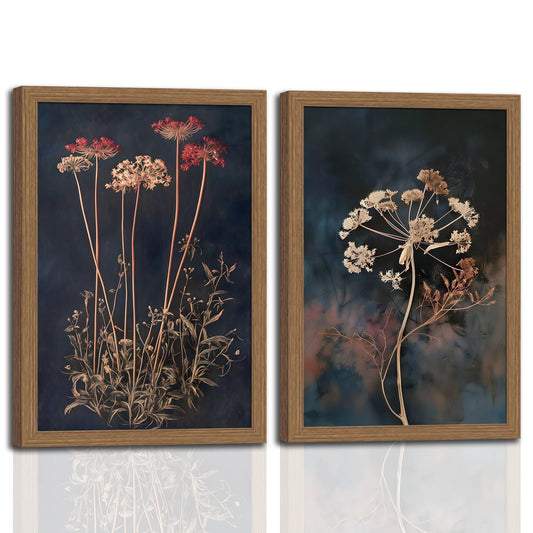 2Pcs Framed Vintage Wall Art Prints, Retro Moody Floral Botanical Canvas Painting Farmhouse Decor, Dark Classical Flower Prints Canvas for Bathroom, Bedroom, Living Room, Gallery 12x16
