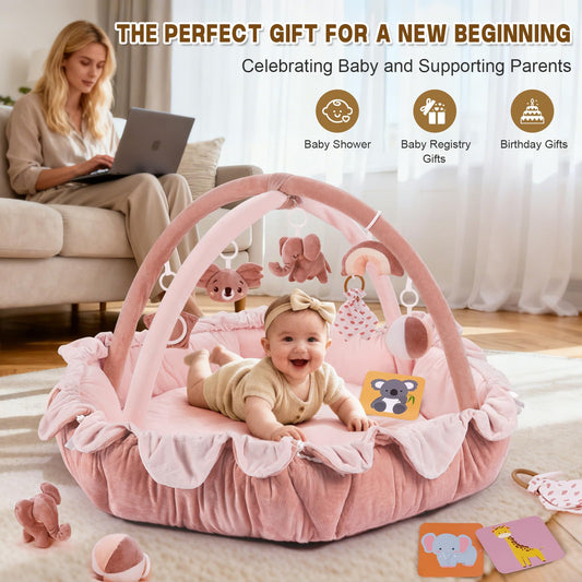 5-in-1 Baby Activity Gym & Play Mat with 6 Hanging Toys, Tummy Time Mat & Cards - Extra Large, Reversible Machine Washable Pad - Gift for Newborns, Infants 0-12 Months, Pink