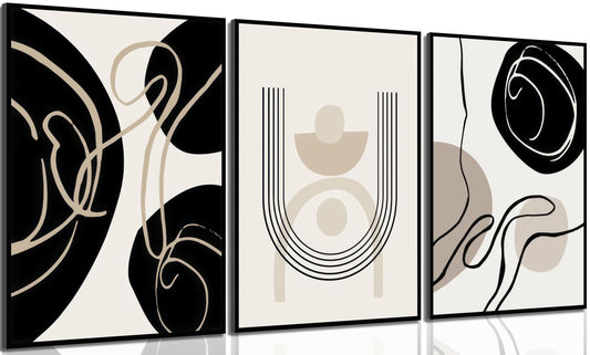 3Pcs Boho Neutral Geometric Wall Art Black and white minimalism Line Painting Wall Decor Mid Century Modern Abstract Poster Print Artwork for Living Room Bedroom Bathroom Home Decoration Unframed
