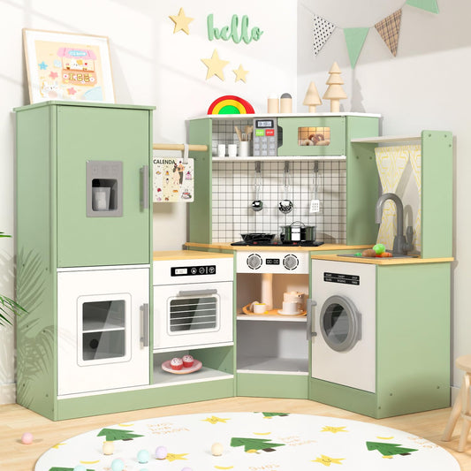 Babytronic Corner Wooden Play Kitchen Set for Kids w/Lights & Sounds, Pretend Play Kitchen Playset with Stove, Microwave, Ice Maker & Accessories, Perfect for Toddlers & Multiple Children (Green)