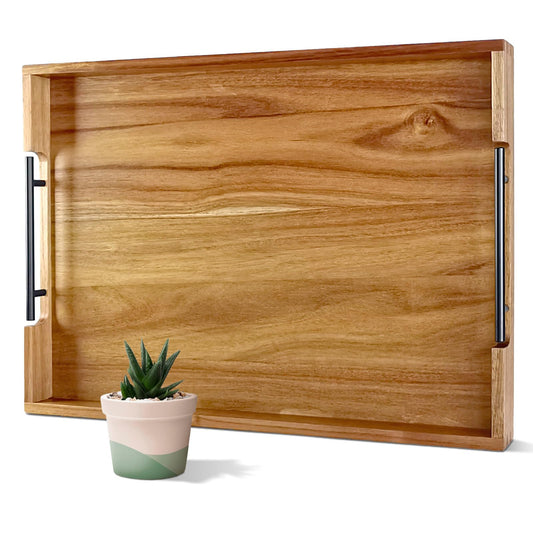 OurMiao 22 Inches Acacia Wood Serving Tray with Metal Handles, Large Wooden Rectangle Ottoman Tray, Decorative and Durable Design for Living Room Coffee Table Couch Kitchen