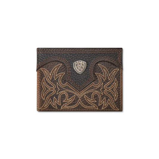 ARIAT Men's Boot Stitch Shield Bifold Wallet with Removable Pass Case, Embroidered Leather, Brown