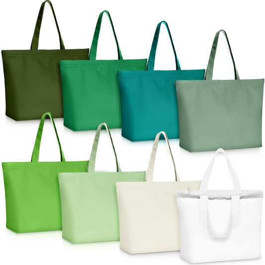 Epakh Canvas Tote Bag with Zipper - Bulk Reusable Large Blank Cotton Grocery Shopping Tote for Women Men DIY Crafting(16.5 x 3.9 x 13.4 Inch,Green Series Colors,8 Pack)