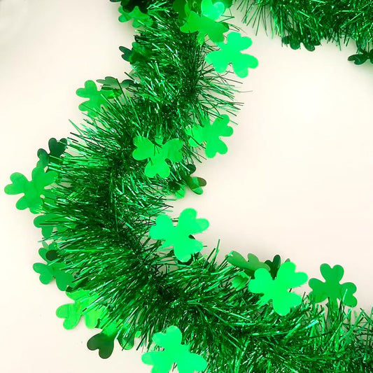 33 Ft St.Patrick's Day Tinsel Garland, Shiny Thick Green Garland with Shamrock Designs Irish Holiday Party Clover Hanging Decorations for Saint Patrick's Day Home Indoor Outdoor Party Decor