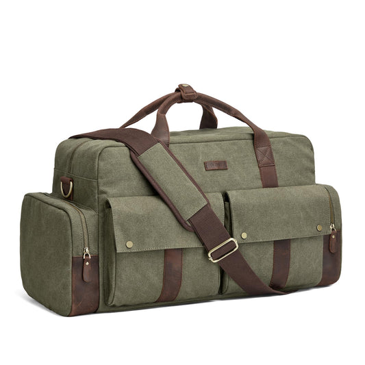 S-ZONE Large Canvas Travel Duffel Bag Weekend Overnight Bag Carry on Leather Trim Holdall Gym Bag with Multi-Pockets for Men and Women, Army Green