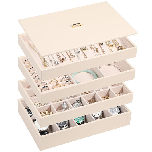 Voova Stackable Jewelry Organizer Tray with Lid, PU Leather Jewelry Storage Holder for Drawer Inserts, Jewellery Display Box Case for Earring Necklace Ring Watch Bracelet (Set of 4, Apricot)