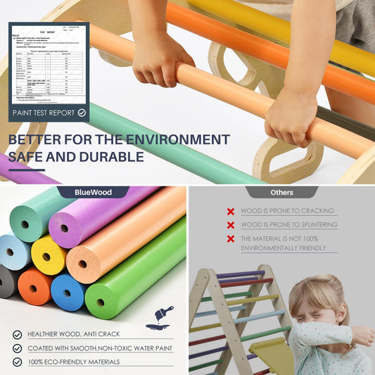 BlueWood Pikler Triangle Set with Cushion, 8-in-1 Foldable Wooden Toddler Climbing Toys Indoor Playground Jungle Gym Montessori Philosophy Climber for 2-6 Years Old, Baby, Kids (Rainbow)