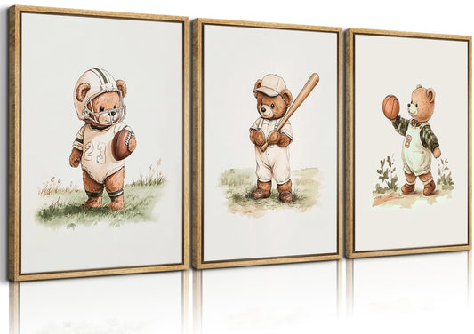 3Pcs Nursery Teddy Bear Canvas Wall Art Vintage Sports Bear Wall Decor Sports Boys'Room Artwork Prints Basketball Football Baseball Painting Pictures for Children's Room Boys' Room (12x16in poster)