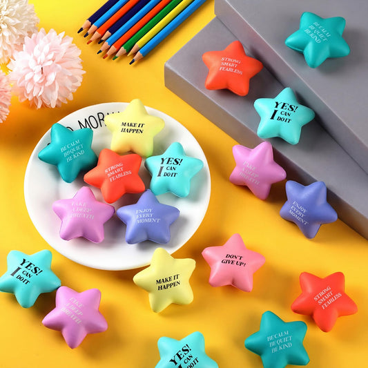 Sotiff 100 Pack Star Stress Balls Bulk for Adults Kids Stress Relief Balls with Motivational Quotes Mini Inspirational Foam Squeeze Gifts Party Favors Toys for Anger Fidget Relief(Cute Colors)