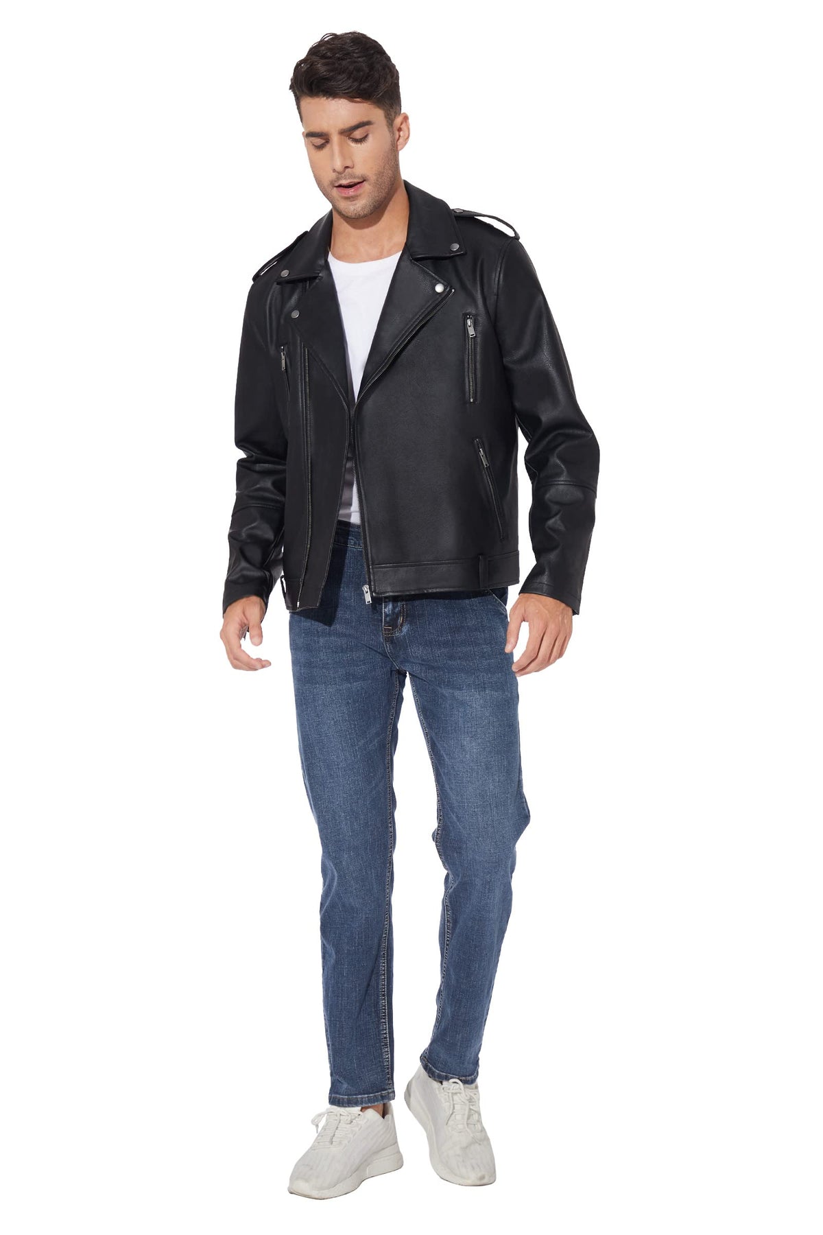 Fahsyee Leather Jackets for Men, Faux Bomber Jacket Mens Motorcycle Lapel Zip-Up Belt Slim Fit Biker Coat Black L