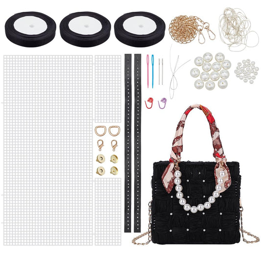WADORN DIY Knitting Crochet Handbag Kits, Handmade Woven Bag Making Cross Stitch Mesh Plastic Canvas Sheets Set Hand-Knit Craft Shoulder Bags Needlepoint Kit with Ribbon Materials, Black