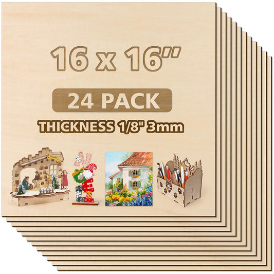 Adrattnay Basswood Sheets 3mm - 1/8 x 16 x 16 inch, 24pcs Square Laser Basswood Plywood for Laser Cutting & Engraving DIY Crafts, Wood Burning, Painting, Architectural Model Building