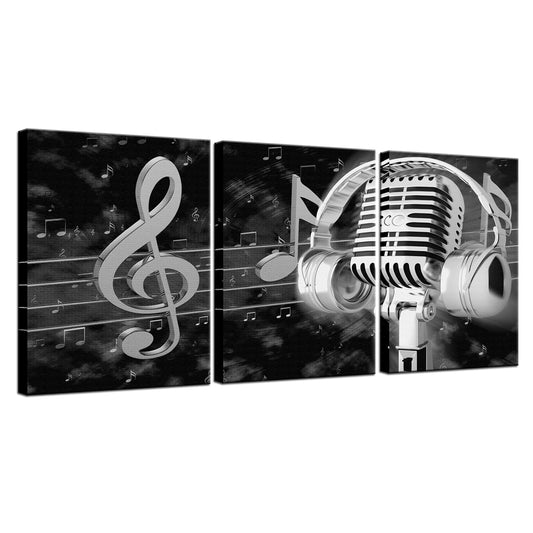 Biuteawal Music Artistic Paintings Wall Art Black White Microphone and Headset Note Picture Canvas Giclee Print Modern Home Studio Bedroom Decor Stretched and Framed Ready to Hang