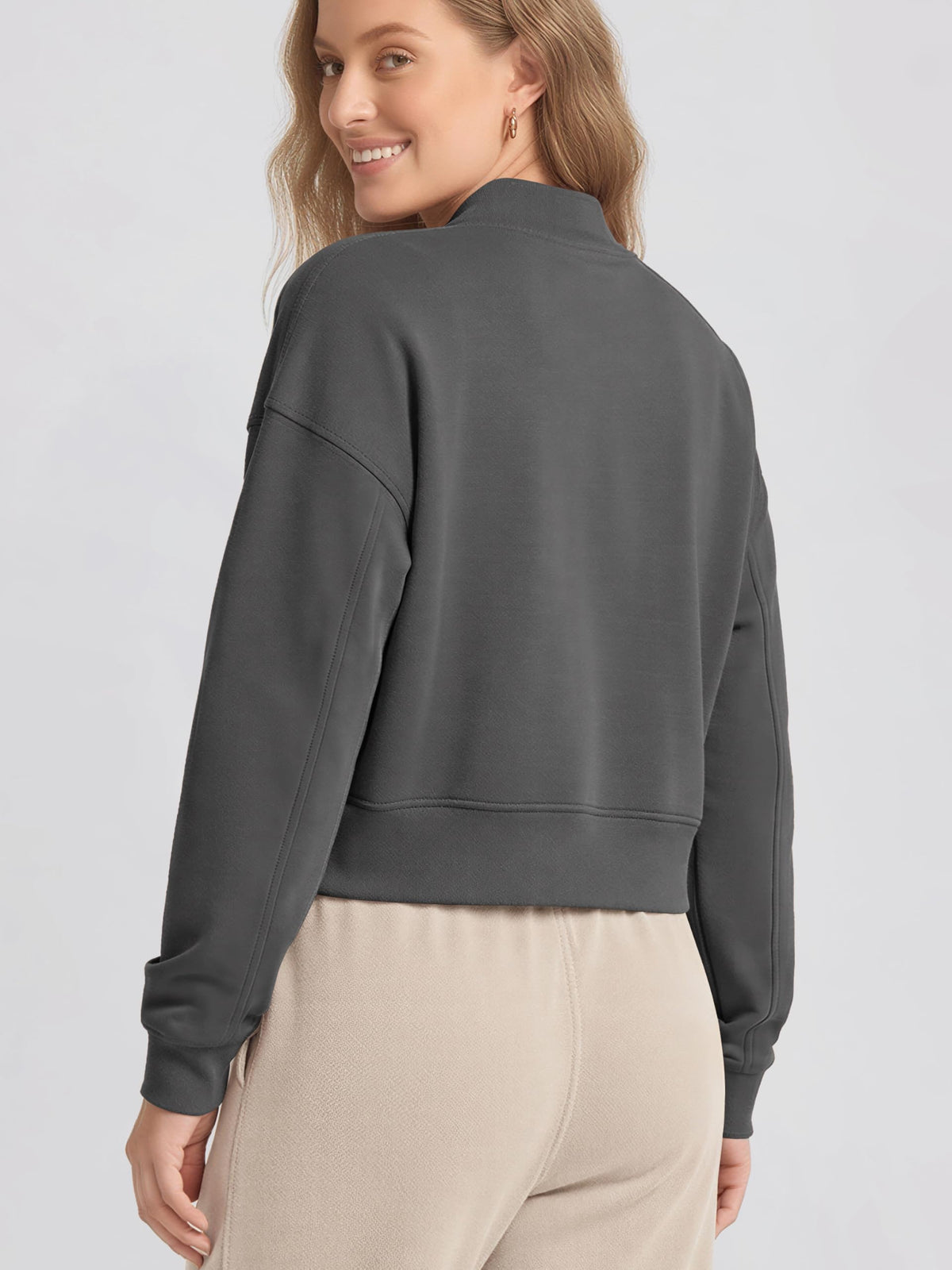 ODODOS Modal Soft Full-Zip Bomber Jacket for Women Long Sleeve Casual Fall Outfit Crop Top with Pockets, Charcoal, Large
