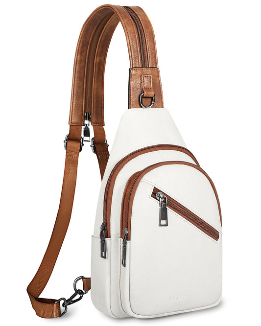 SYTRAH Sling Bag for Women, Crossbody Bags for Women Trendy Crossbody purse Vegan Leather Sling Backpack Chest Bag with Dual purpose Strap, Beige Brown