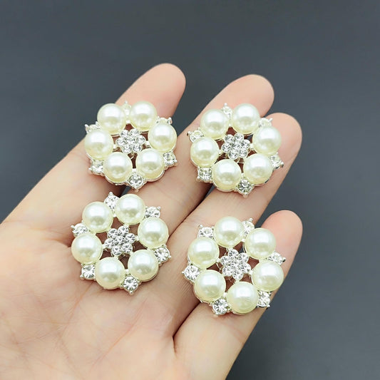 YOOGCORETT 10pcs Pearl Rhinestone Flat Back Embellishments Sew On Buttons Flower Buttons for DIY Craft, Bags Shoes Dress Decoration, 28 x 25mm, Silvery
