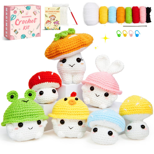 MAGIMUSE Crochet Kit for Beginners, Crochet Starter Kits for Adults Amigurumi Craft Knitting Crocheting Kits with Step-by-Step Video Tutorials, Mushroom Family(40%+ Yarn