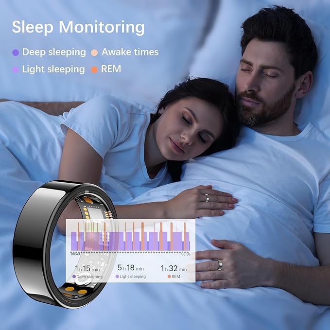 Ring Health Tracker for Women Men, Fit Ring with Heart Rate, Blood Oxygen, Sleep Monitor, Calories, Step Counter, IP68 Waterproof Smart Ring for iPhone & Android, No Subscription Fee (Black, 7#)