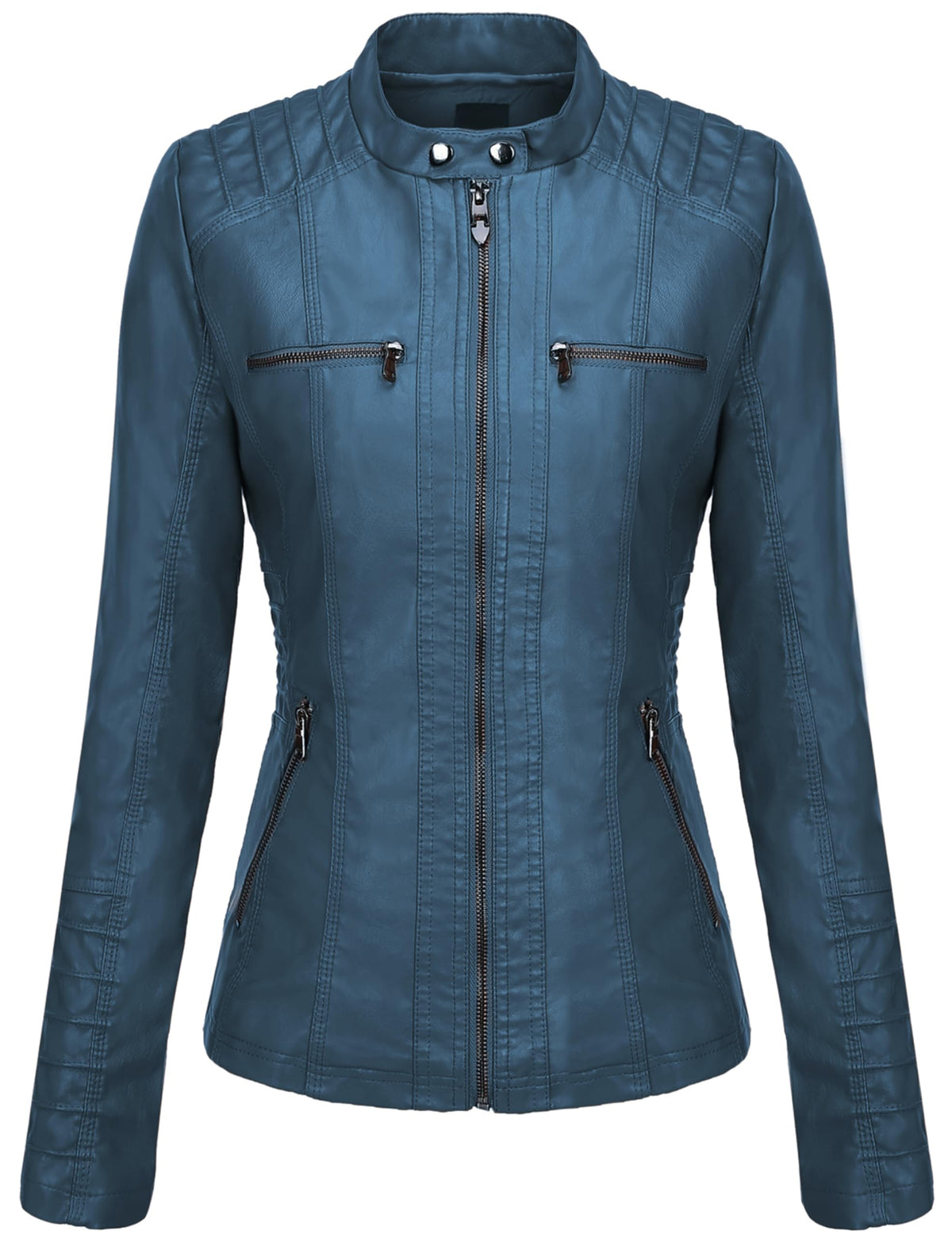 Springrain Women's Faux Leather Jacket Moto Biker Coat with Detachable Hood Motorcycle Jacket (S, Blue)
