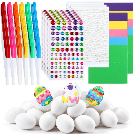 Civaner 50 Pcs Easter Egg Decorating Coloring DIY Kit, Plastic Crafts Eggs with Foam Gem Stickers, Pearl Adhesives, Color Pens, Easter Basket Stuffers Gifts for Creativity Activity Party Favors