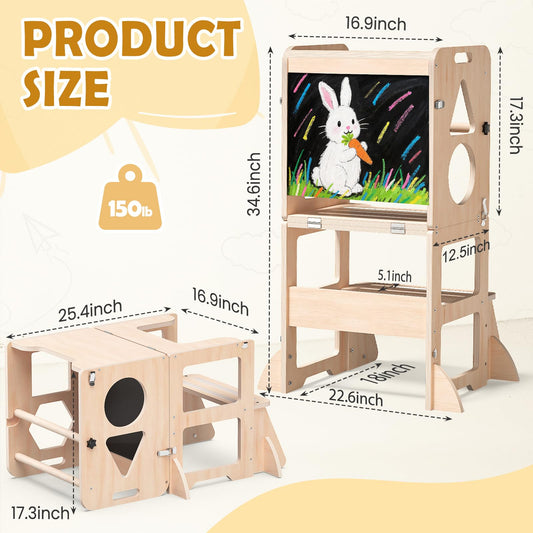 Woodure 4-in-1 Toddler Kitchen Step Stool, Foldable Learning Standing Tower with Blackboard, Wooden Kitchen Stool Helper for Kids, 1-3 Year Old Boy Girl Gifts