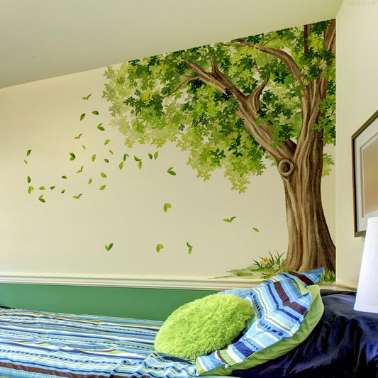 ZARROUEA Large Tree Wall Decals Green Big Tree and Falling Leaves Wall Stickers Peel and Stick Removable Wall Art Decals DIY Vinyl Green Trees Home Decor for Bedroom Kids Bedroom Sofa TV Background