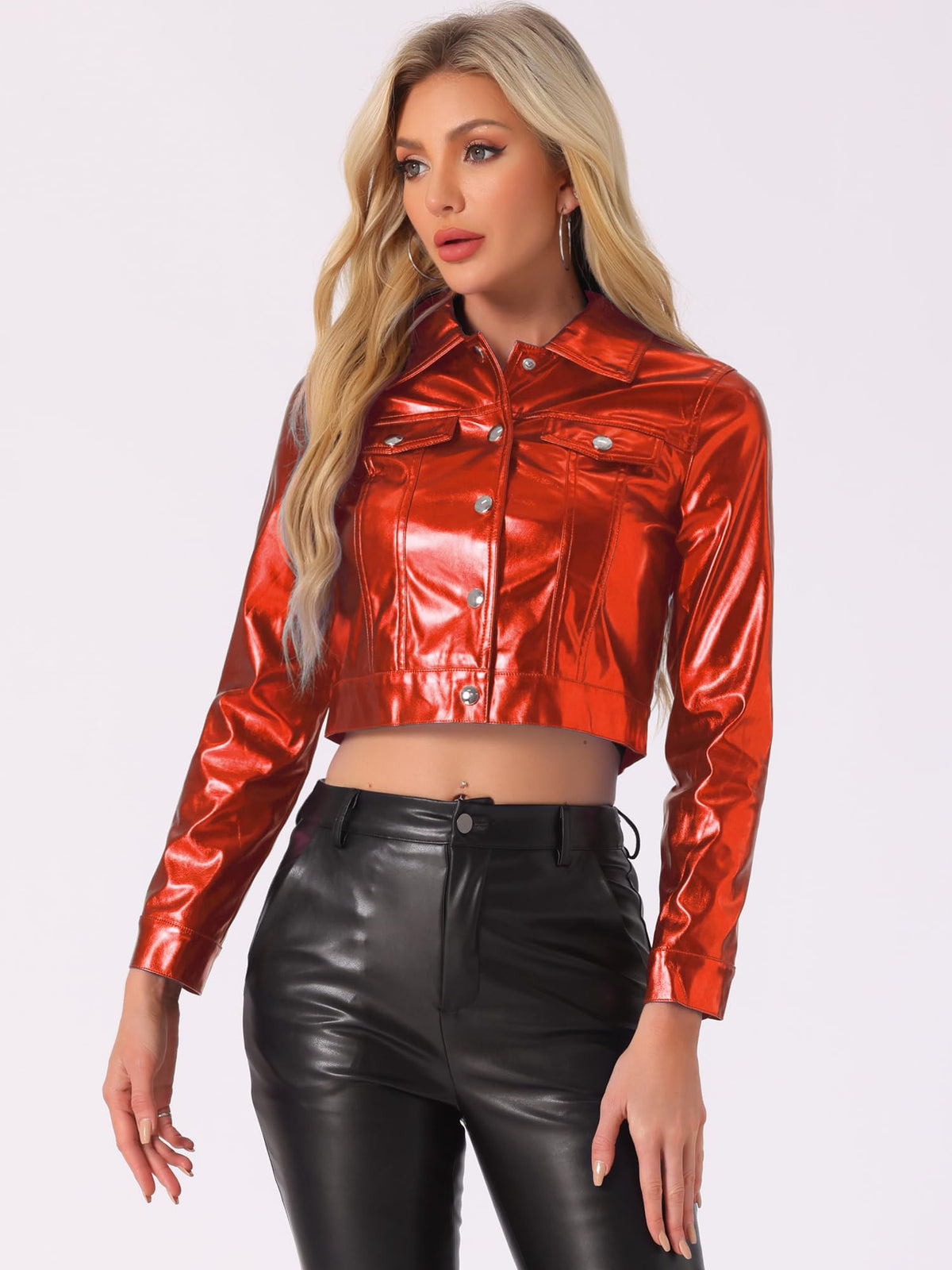 Allegra K Metallic Jacket for Women Moto Biker Jacket Holographic Shiny Crop Party Jackets Large Red