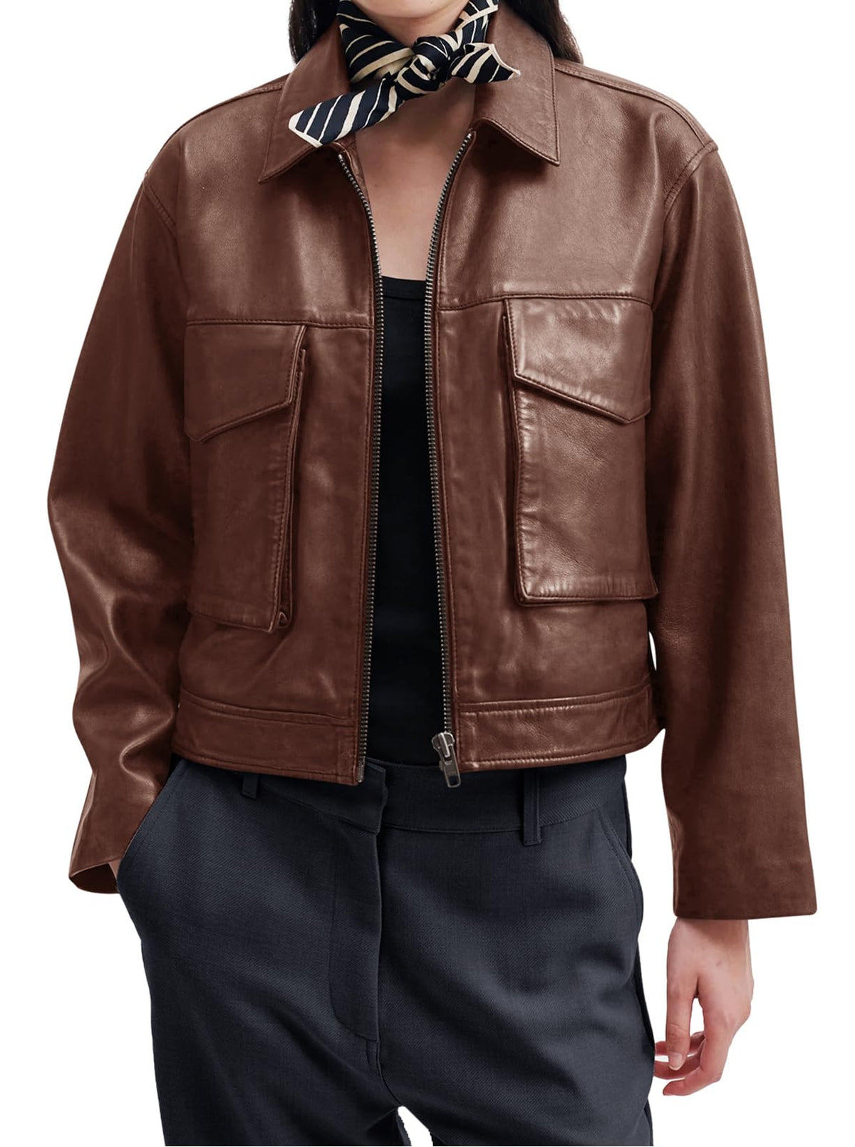 BZB Oversized Leather Jacket for Women Trendy Cropped Jackets for Women Brown Leather Jacket Winter Clothes Long Sleeve Bomber Jacket XL