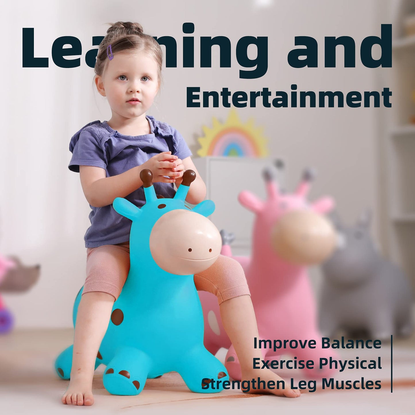 EVERICH TOY Giraffe Bouncy Horse Hopper for Toddlers, Bouncy Animals Jumping Horse, Inflatable Ride on Bouncer Hopping Toys Gifts for Boys and Girls 18 Months 2 3 4 5 6 Years Old