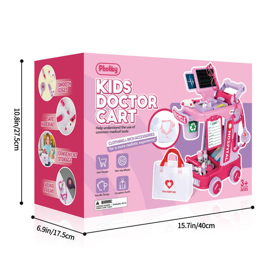 Phobby Doctor Kit for Toddlers Aged 3 4 5, Medical Pretend Play Set for Kids with Bag and Costume, Doctor Cart Toy for Girls Boys Birthday Gift (Pink)