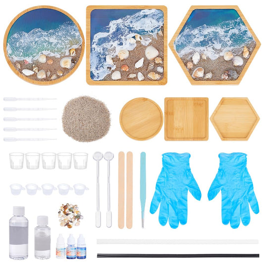 WEBEEDY 3 Sets Resin Bamboo Coaster Resin Complete Set with Trays, Pigment, Seashells & More, DIY Drink Coaster Making Kit for Adults Beginners Office Home Decor Art Clear Craft