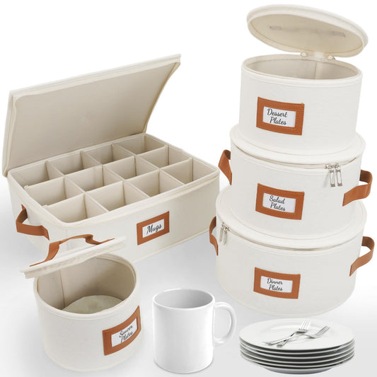 HOMELUX THEORY Hard Shell China Storage Containers, 5pc Ivory Mug & Plate Storage Box, Kitchen Storage Bins With Lids, Heavy Duty Moving Box with Handles for Dishes, Glassware, Stemware, Cup & Mug