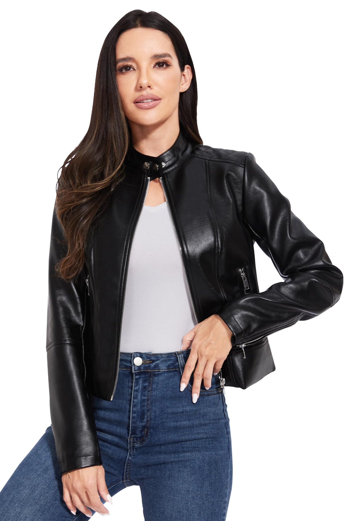 Fahsyee Faux Leather Jacket Women - Black Bomber Motorcycle Cropped Coat Moto Biker Blazer Casual Vegan Jackets Fashion S