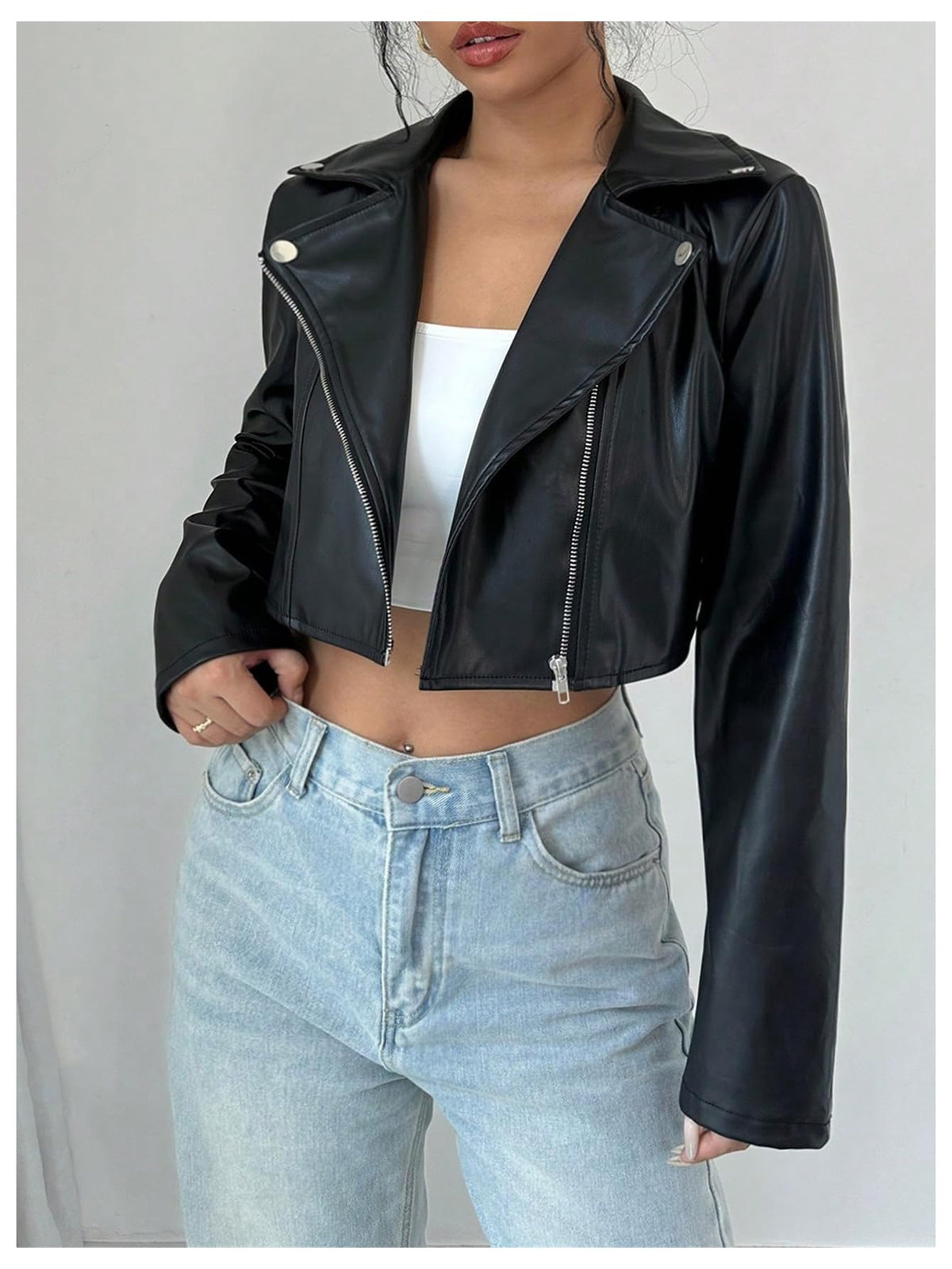 OYOANGLE Women's PU Leather Cropped Jacket Zip Up Motorcycle Jackets Coat Black Small