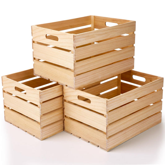Weysat 3 Pack Large Wood Crates Box for Storage 24 x 15 x 12 inch Unassembled Wooden Milk Crates with Handle Decorative Nesting Box for Display Rustic Decor DIY Office Home Retail Art Craft (Wood)