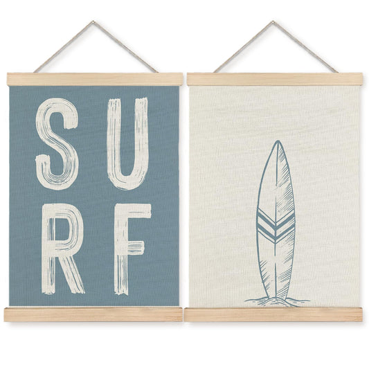 BearCake Surf Room Decor, Coastal Beach Surf Wall Art Poster Hanger Frame, Beach House Decor, Vintage Blue Surfboard Canvas Prints Framed Wall Decor for Home Bedroom Living Room, 12x16 Inch Set of 2