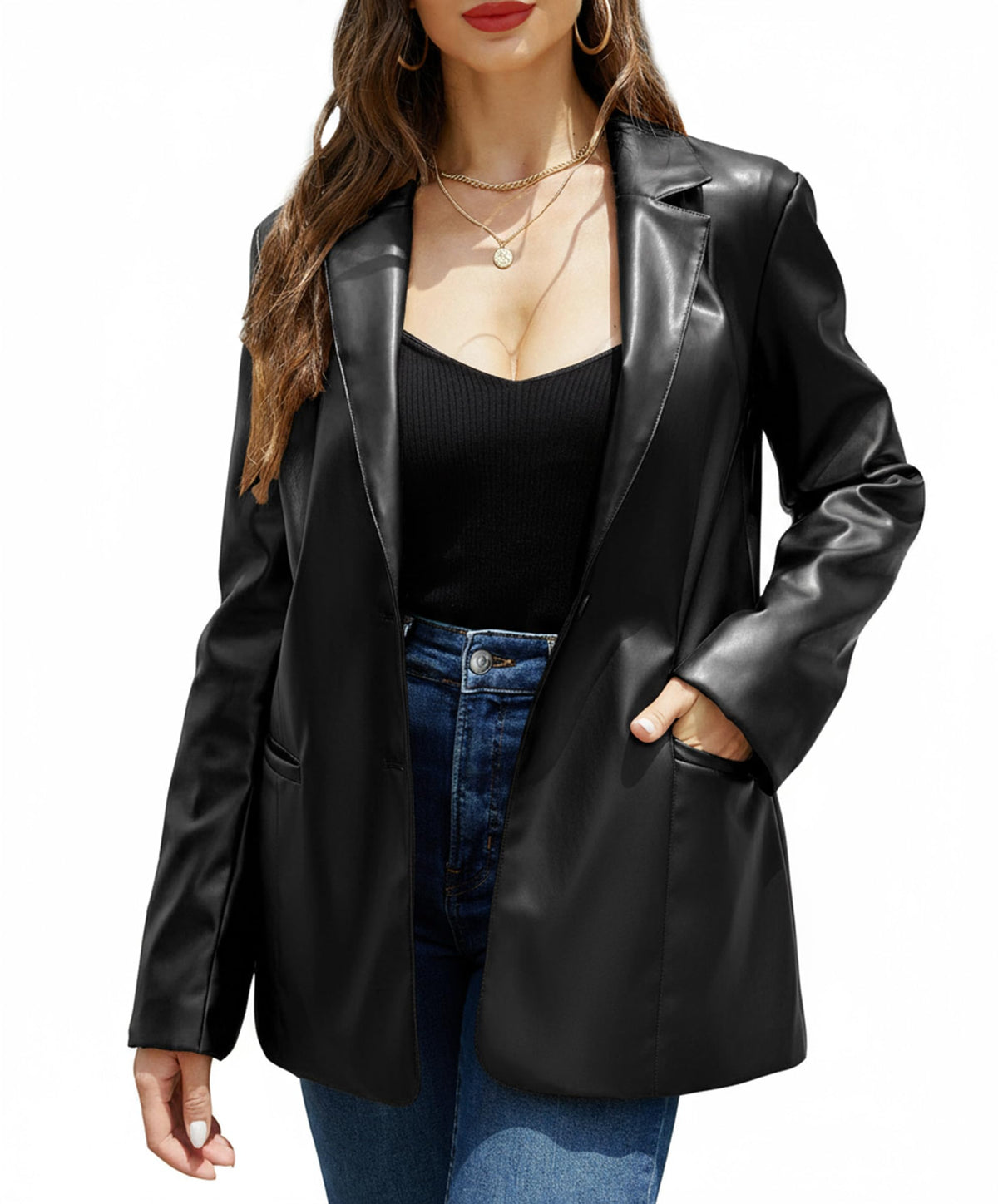 RISISSIDA Women Faux Leather Blazer Jacket,Soft PLeather PU Coat,Black,L
