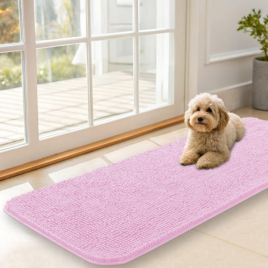 OLANLY Dog Door Mat - Absorbent Non-Slip Mud Mat for Indoor Use | Quick Dry Chenille, 47x17, Pink