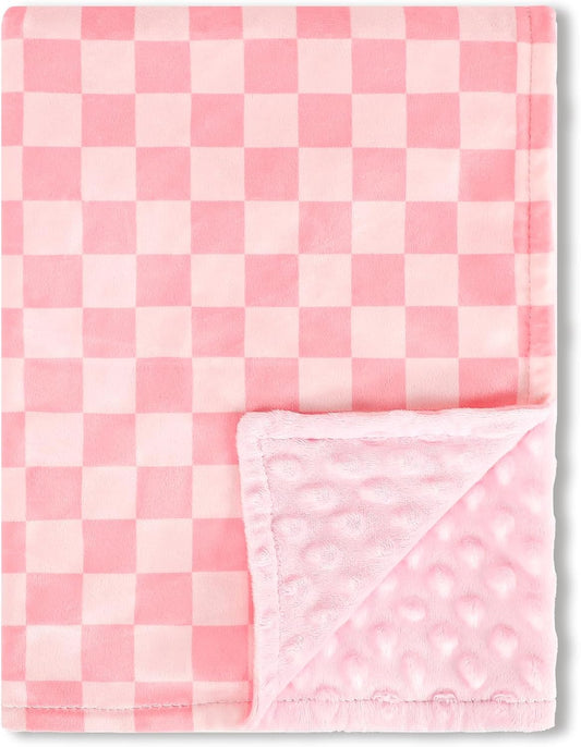 Skiennix Baby Blanket - Double Layer Toddler Blanket with Dotted Backing | Pink Checkered, 30x40 Inches