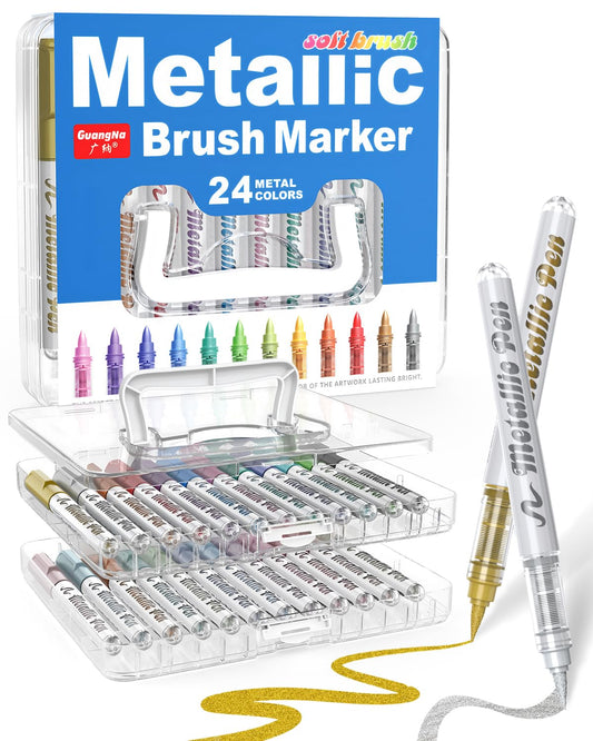 Guangna Metallic Marker Pens, 24 Colors Brush Tip Acrylic Paint Markers for Black Paper, Scrapbooking, Rock Painting, DIY Arts & Crafts, Glass, Wood, Card Making, Scrapbook Supplies