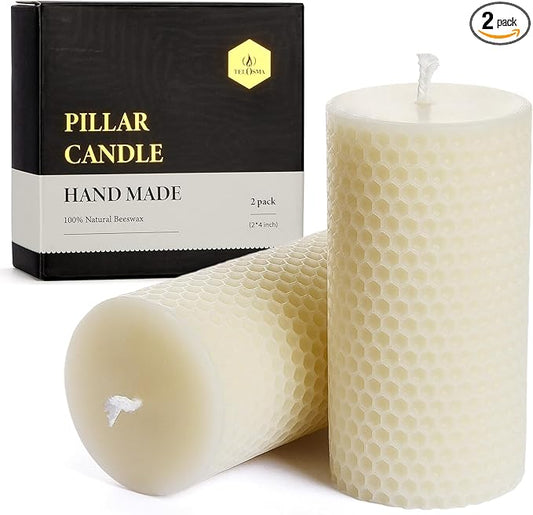Honeycomb Natural Beeswax Pillar Candles - Pack of 2-100% Pure Beeswax Candles No Scent- for Emergency/Prayer/Relax (2inch Diameter, 4 inch Tall - Off White)