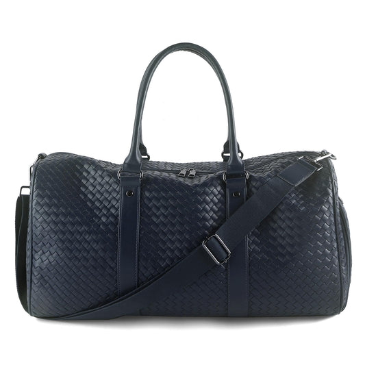 Weekender Bags for Women Woven Leather Travel Duffle Bag with Shoe Compartment, Carry On Garment Bag for Men Women, Large Capacity Water-resistant Gym Tote (Dark Blue)
