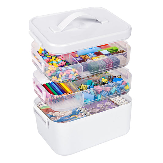 MERATIA 13.3 QT Art Supply Organizer Box with Handle, White 3-Tier Stackable Craft Storage Container with Removable Trays for Markers, Paints, Beads and Sewing Accessories 11.1''x7.7''x9.1''
