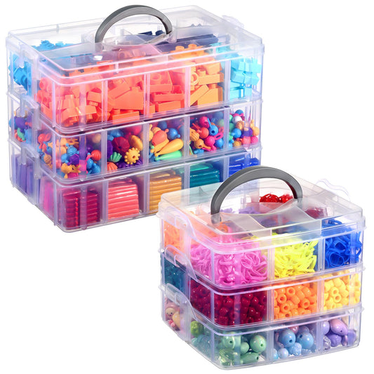 Bead Organizer, 2 Pack Craft Storage with Removable Dividers, Clear 3-Tier Plastic Organizer Box, Small Parts Organizers for Jewelry, Art, DIY Crafts, Kids Toys, Small Items
