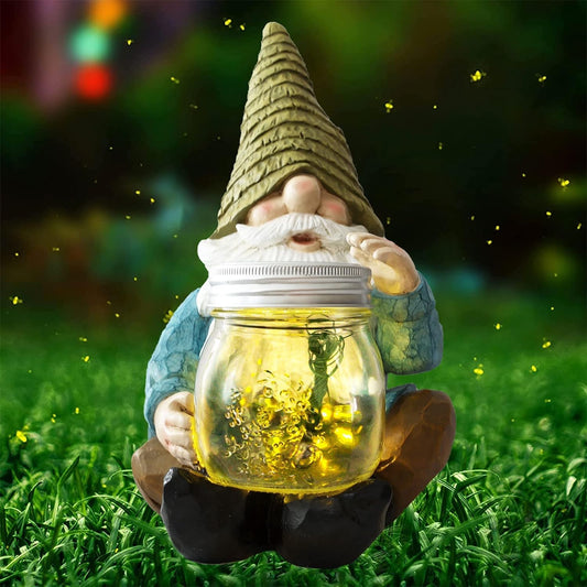 Vcdsoy Solar Firefly Jar Gnome Waterproof, Mothers Day, Birthday Housewarming for Women Mom Grandma, Large Garden Gnome Funny Solar Outdoor LED Lights Resin Statues Lantern Figurines Decorations