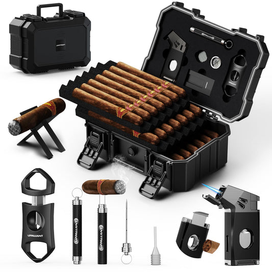 Cigar Humidor Set with 5-in-1 Cigar Lighter, V Cutter, Cigar Holder, Cigar Draw Enhancer, Humidifier&Hygrometer, Portable Travel Cigar Humidor Box, Cigar Accessories Cigar Case, Cigar Gifts for Men