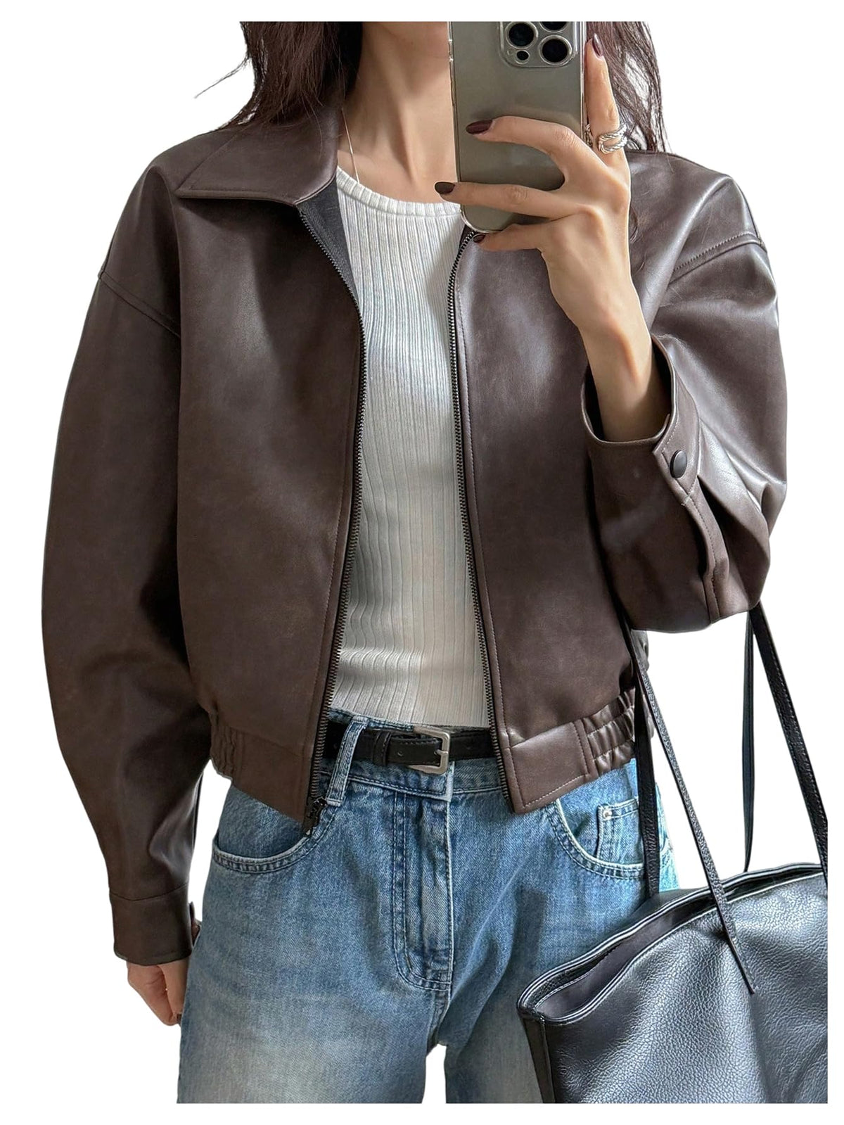 BEAUDRM Women's Y2K Faux Leather Jacket Zip Up Crop Bomber Jacket Going Out Motor Bike Motorcycle Coat Streetwear with Pocket Brown Small