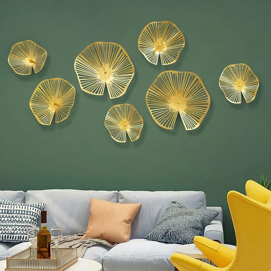 TEIPAI Gold Wall Decor Living Room, 7PCS Hollow Lotus Leaf Metal Wall Art for Apartment Bedroom Small Room Decoration, Modern Wall Hanging Sculptures for Home Office, Horizontal or Vertical Display